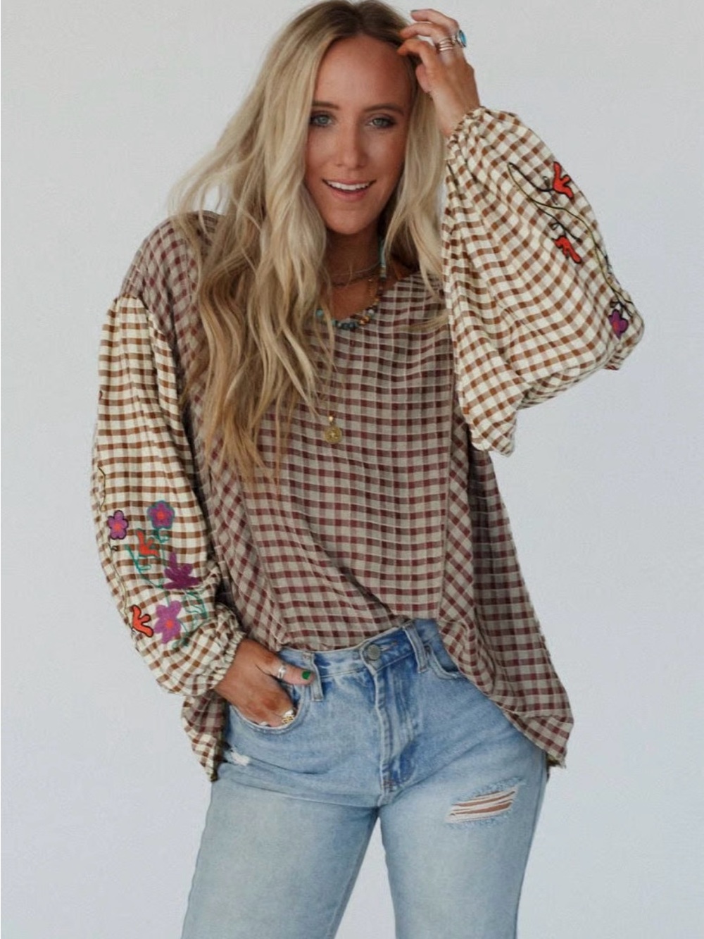 Three Bird Nest Brown Gingham Homestead Plaid Floral Top Size Oversized Small
